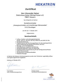 Zertifikat Seminar Sonderbrandmelder "Ansaugrauchmelder und Linienförmiger Wärmemelder", Alexander Kaiser